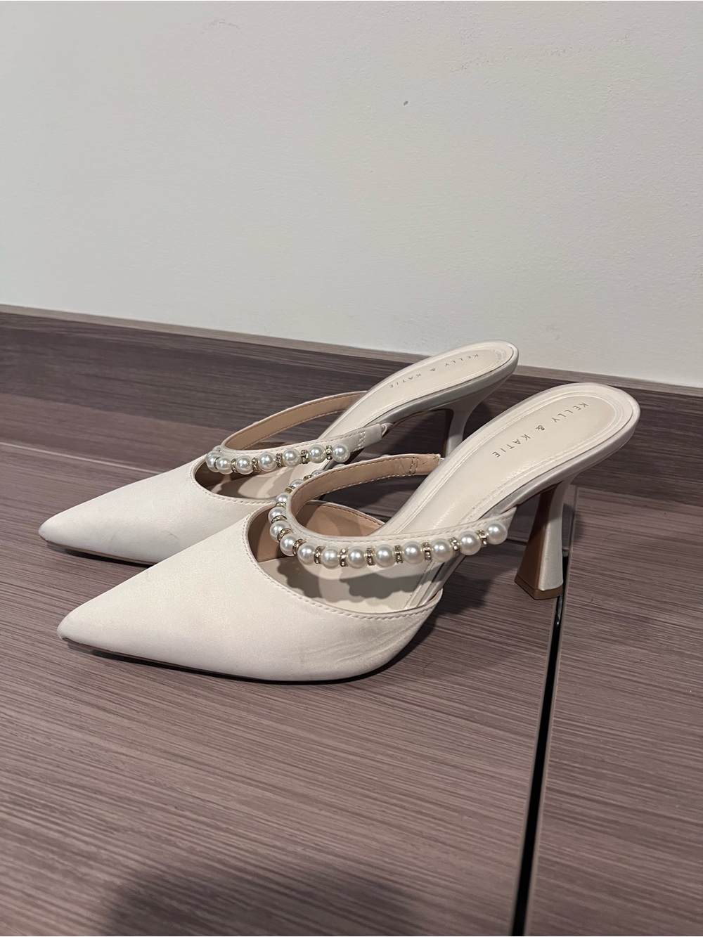 Kelly & Katie White Pointed-Toe Mules with Pearl Strap